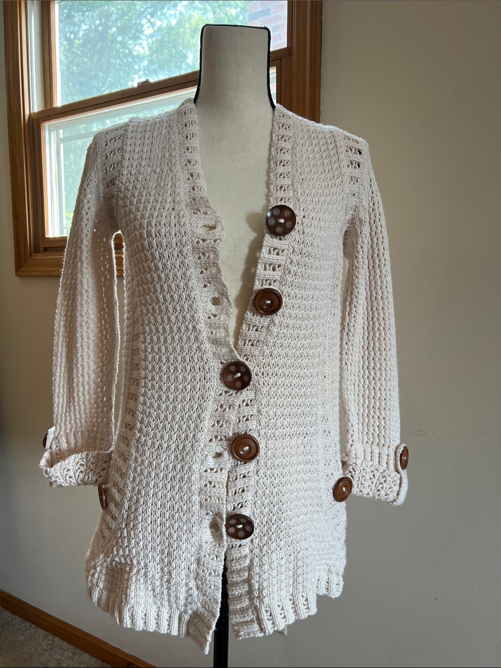 🧶🔢⏸️Vintage Pure HandknitCream Crochet Longline Button-Front Women's Cardigan